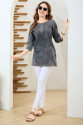 Black Denim Tunic with Hand Embroidery, Round Neck