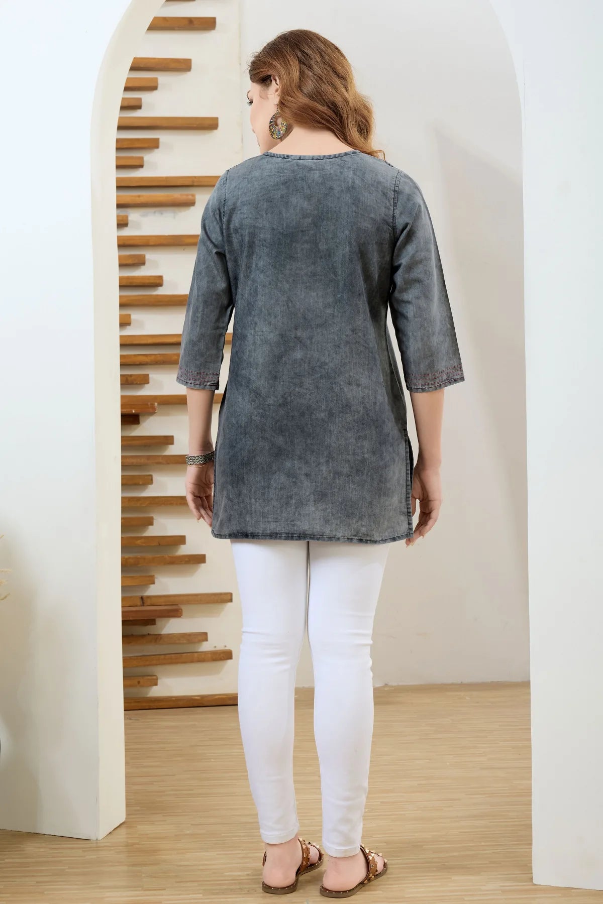 Black Denim Tunic with Hand Embroidery, Round Neck