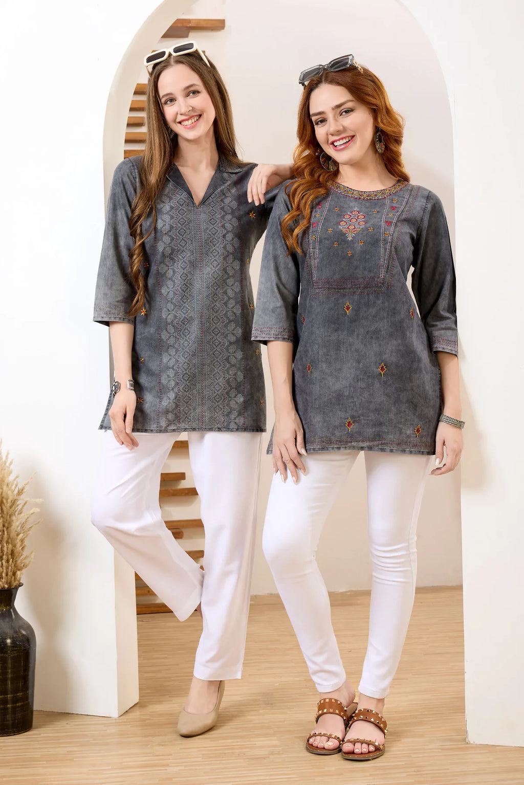 Black Denim Tunic with Hand Embroidery, Round Neck