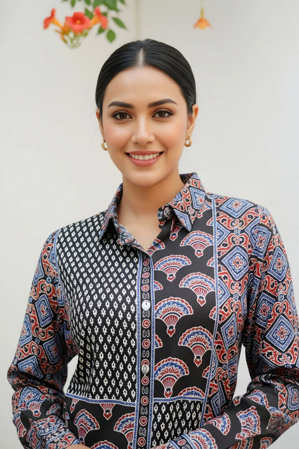Black Modal Azrakh Print Shirt Style Kurti Top