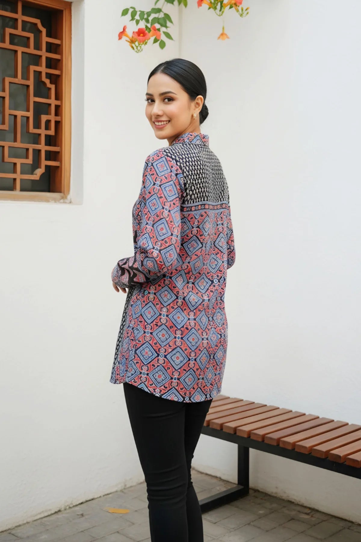 Black Modal Azrakh Print Shirt Style Kurti Top