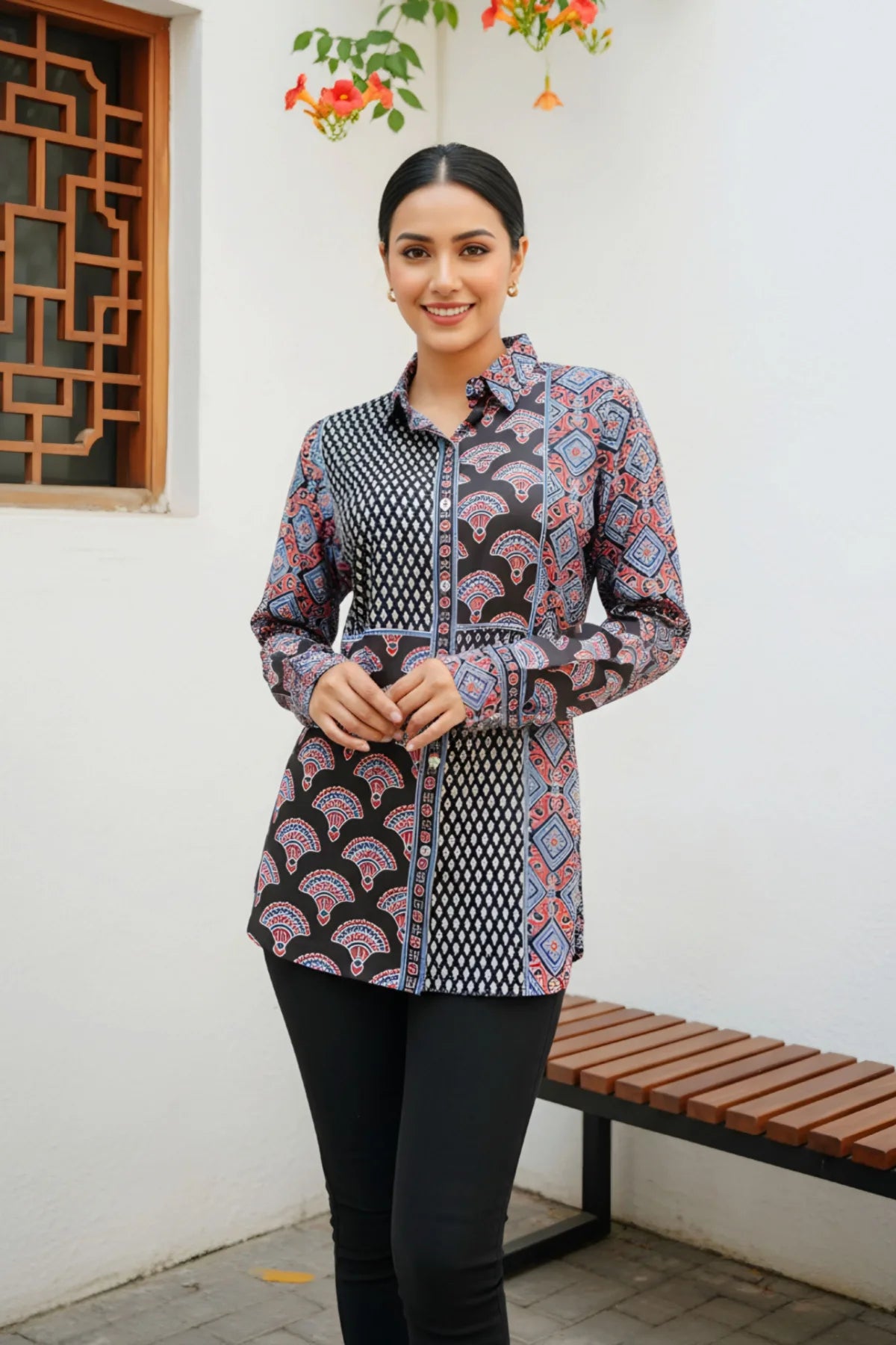 Black Modal Azrakh Print Shirt Style Kurti Top
