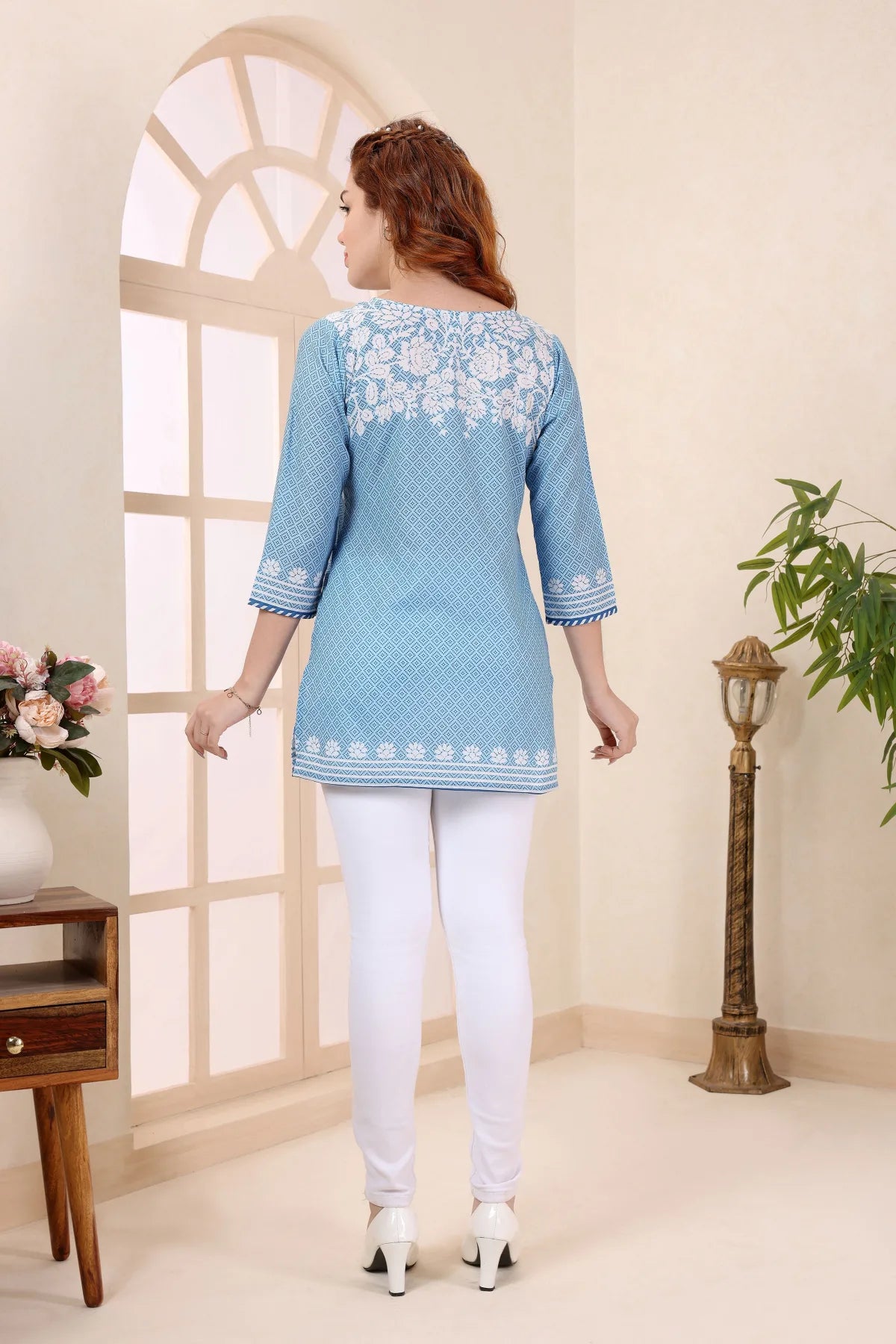 Blue Cotton Short Kurti with Chikankari Print
