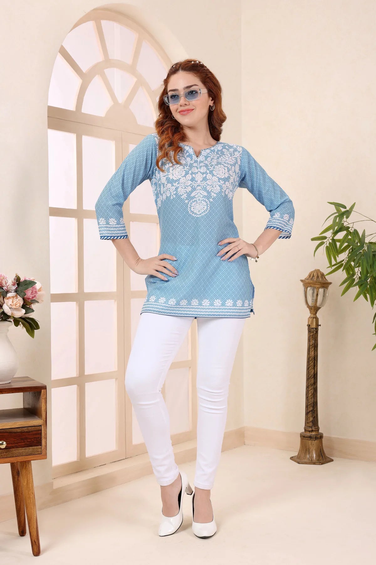 Blue Cotton Short Kurti with Chikankari Print