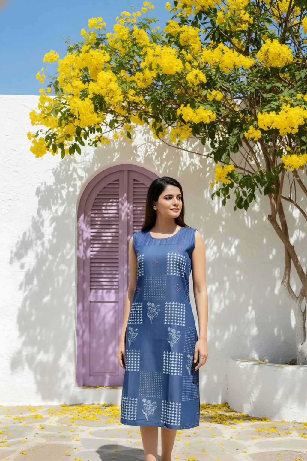 Denim Blue Kurti with Block Print and Embellishment