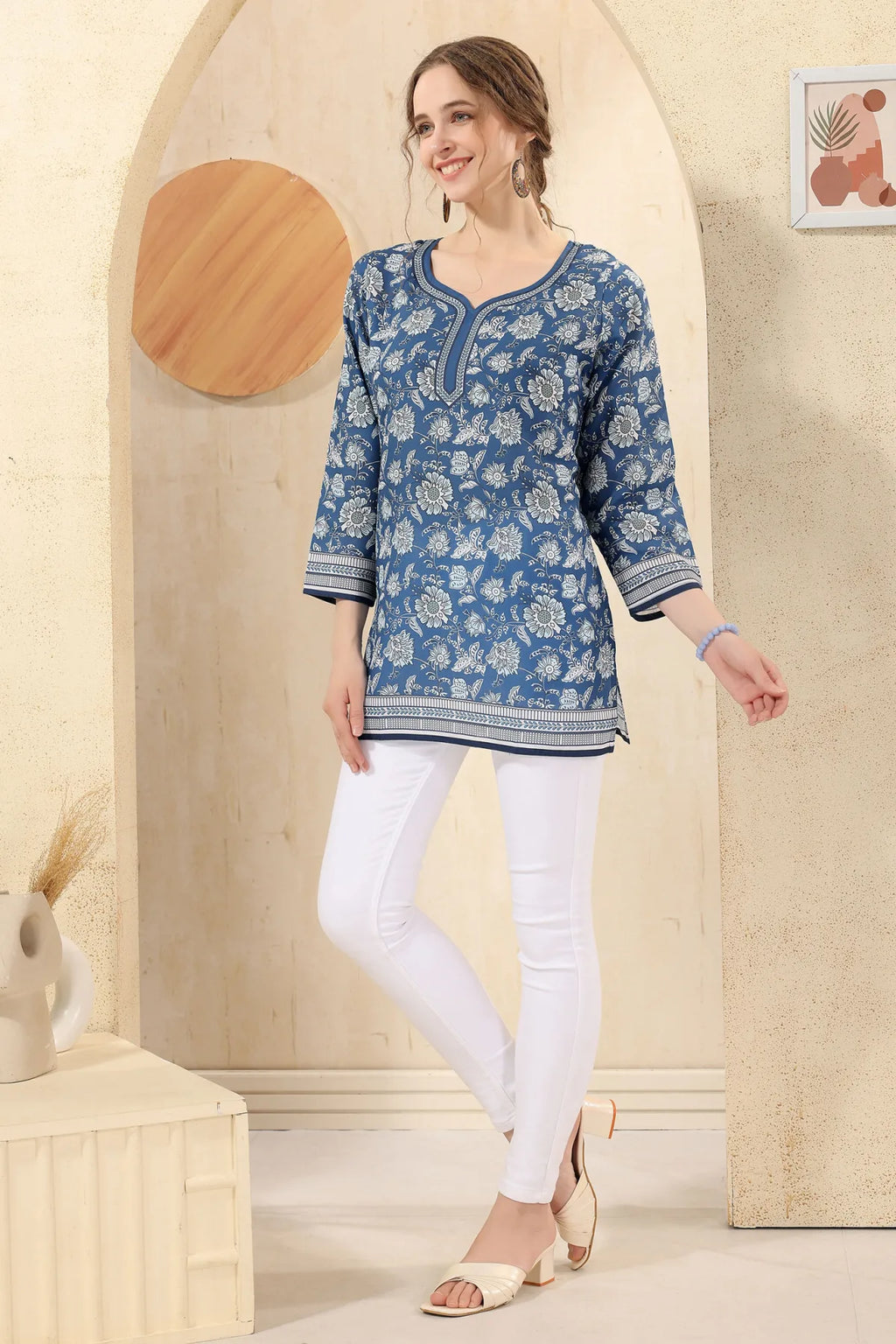 Indigo Blue Floral Print Cotton Short Kurti