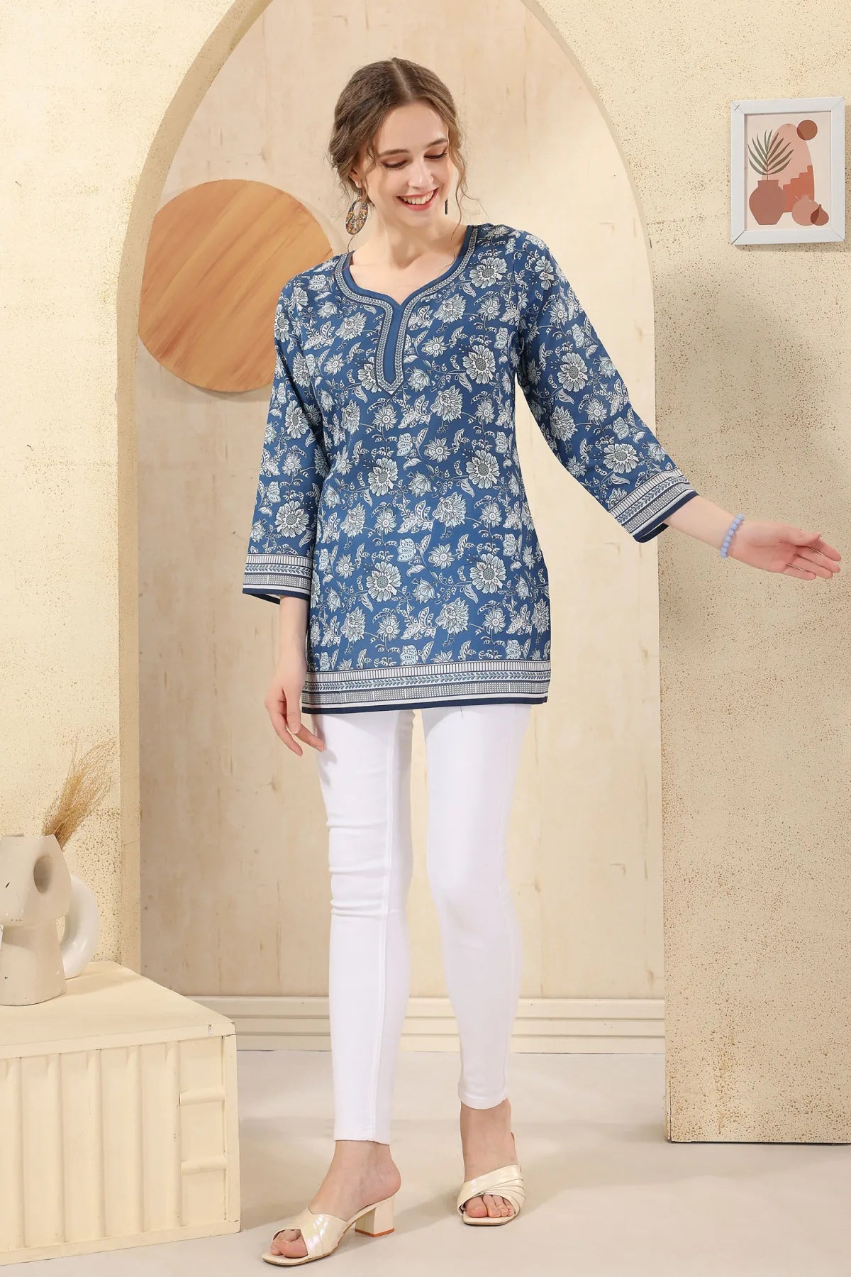 Indigo Blue Floral Print Cotton Short Kurti