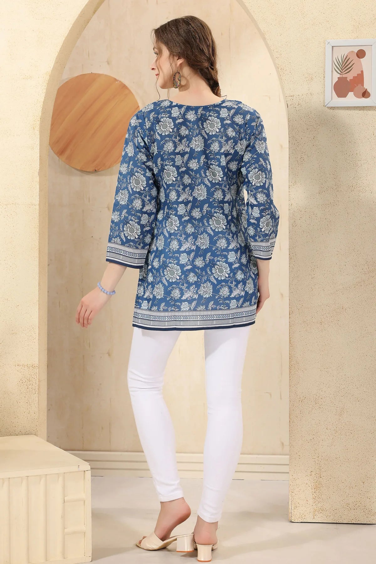 Indigo Blue Floral Print Cotton Short Kurti