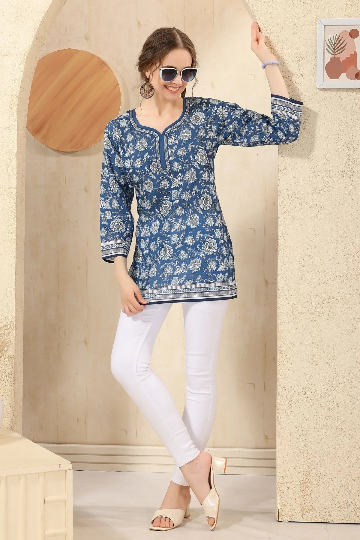 Indigo Blue Floral Print Cotton Short Kurti