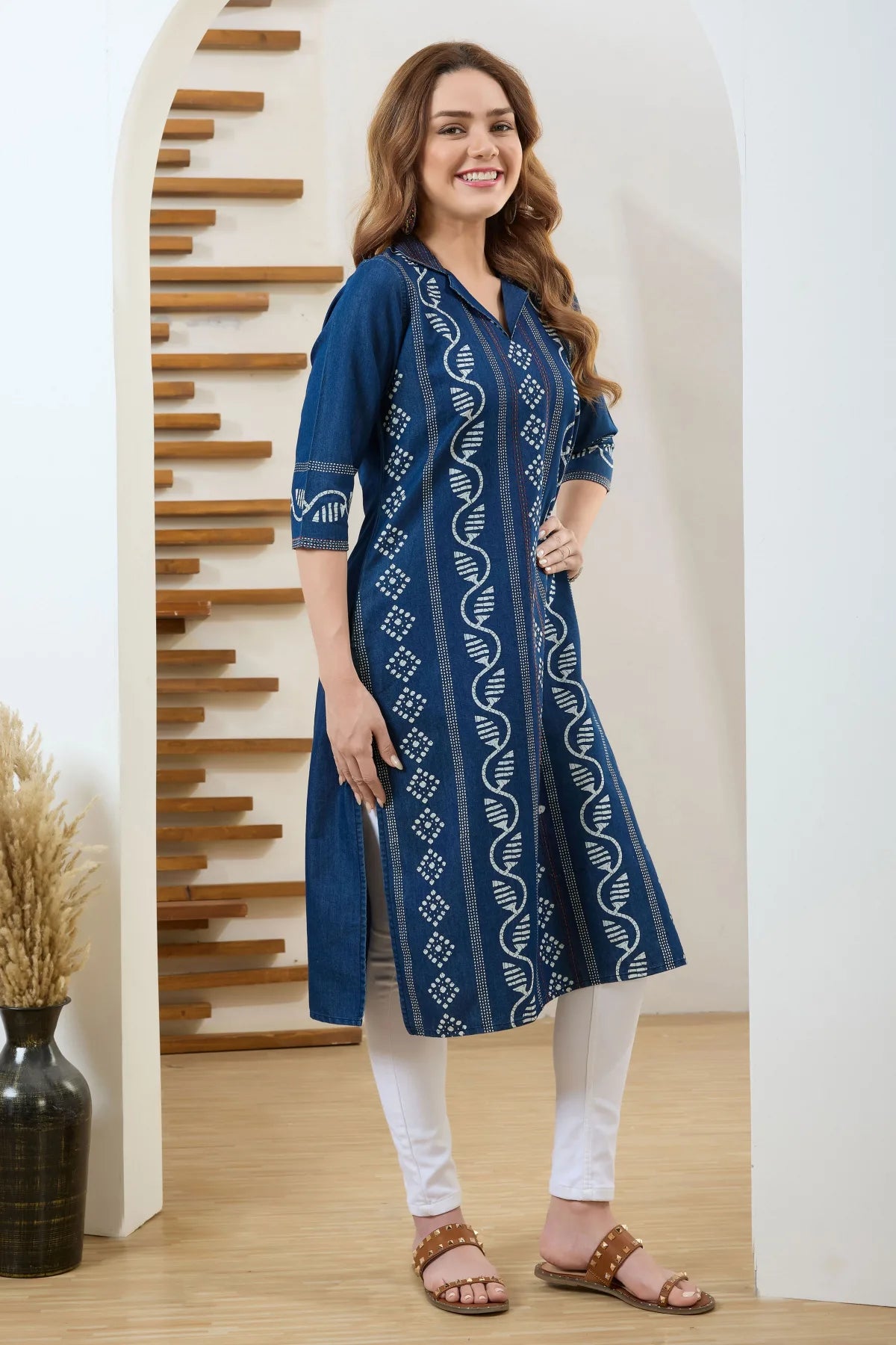 Denim Blue Long Kurta with Thread Work and Coat Collar