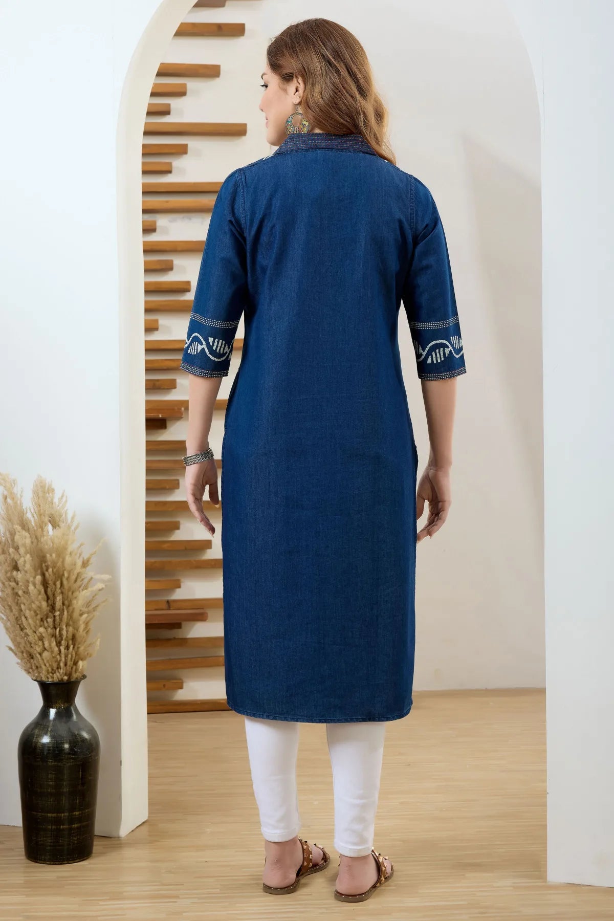 Denim Blue Long Kurta with Thread Work and Coat Collar