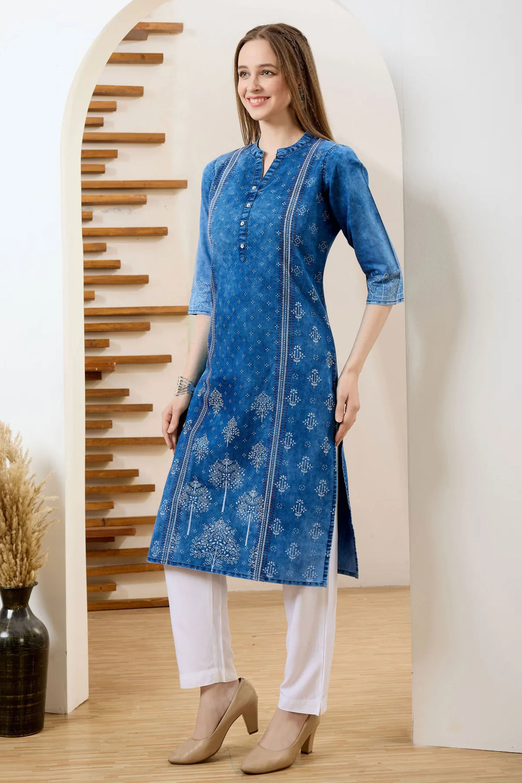 Blue Long Denim Kurta with Ethnic Print and Thread Work