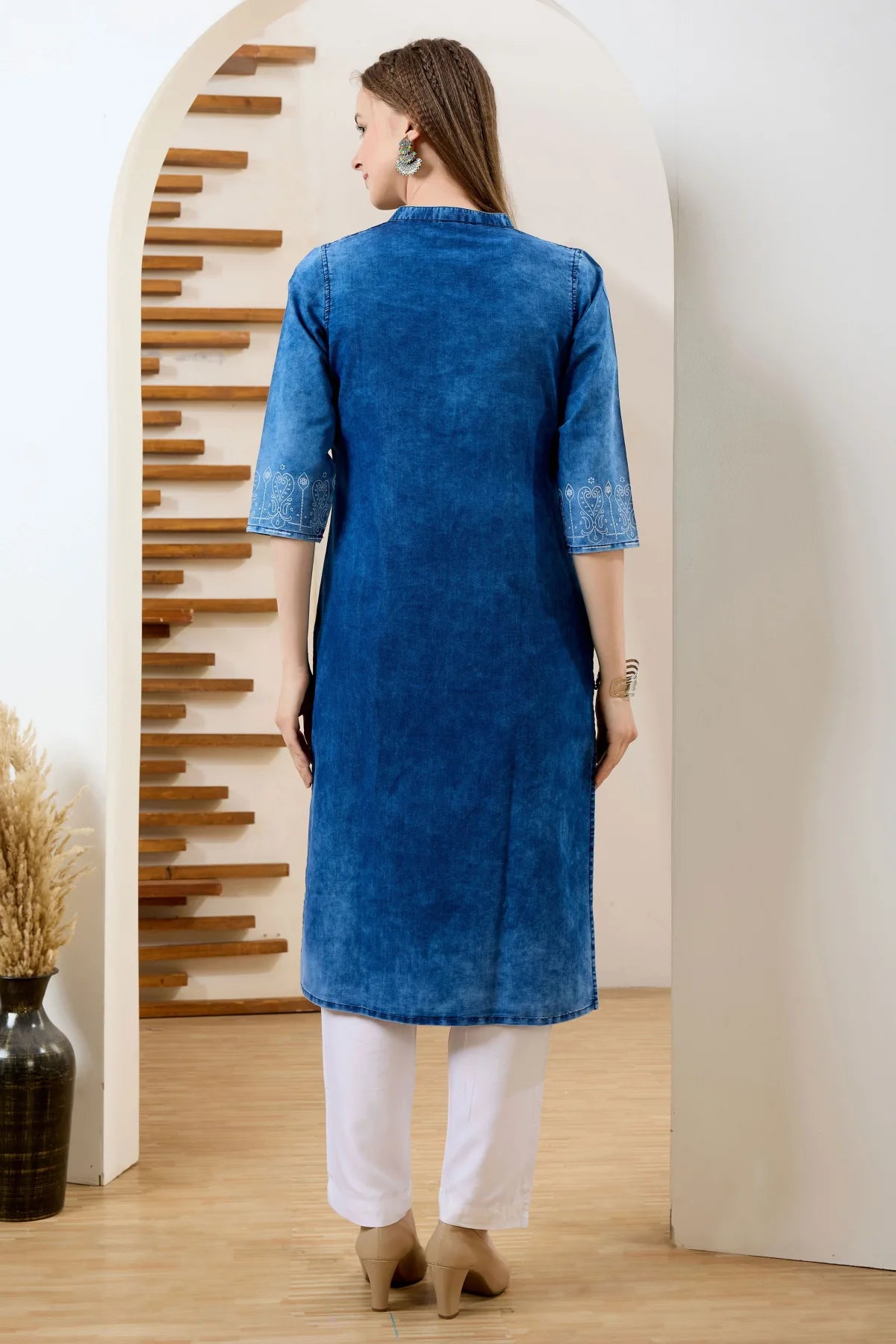 Blue Long Denim Kurta with Ethnic Print and Thread Work