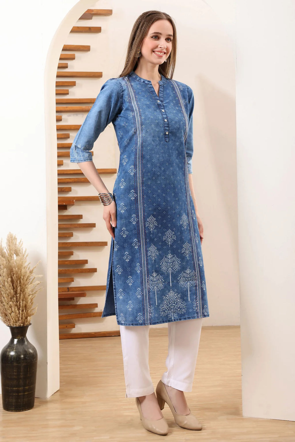 Blue Long Denim Kurta with Ethnic Print and Thread Work