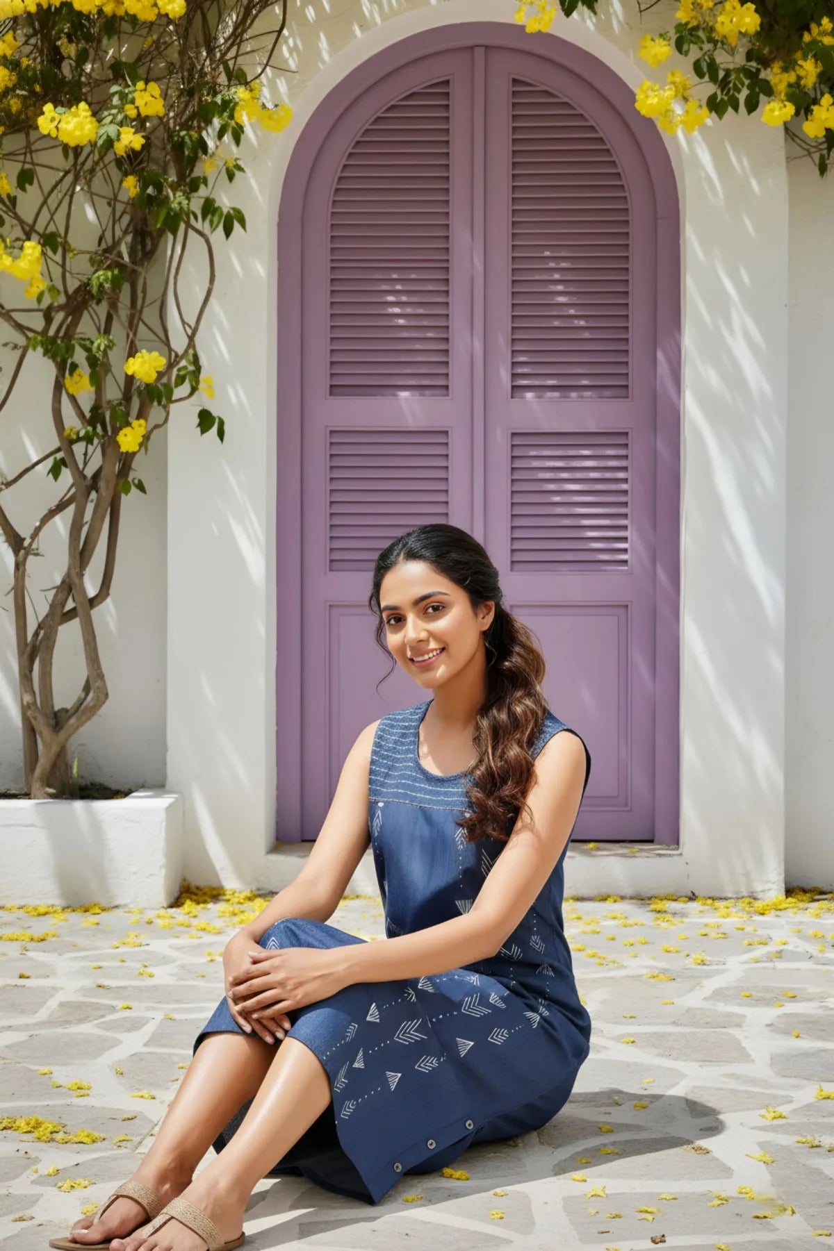Denim Blue Dress with Geometrical Print and Embellishment