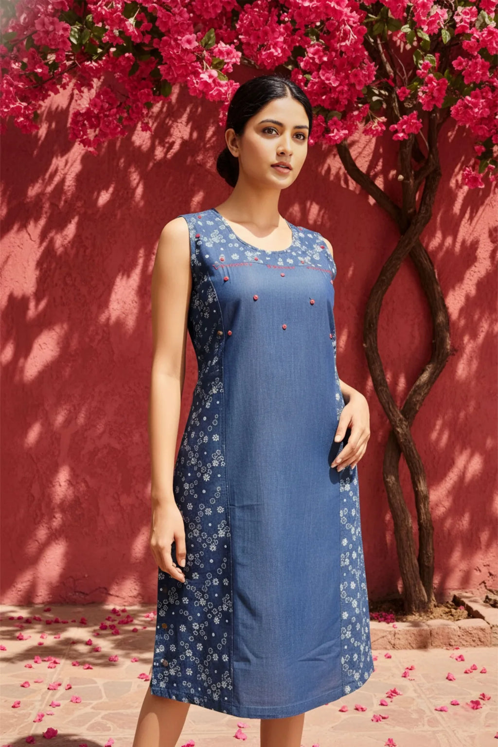 Denim Blue Short Kurti With Star Print And Embellishment