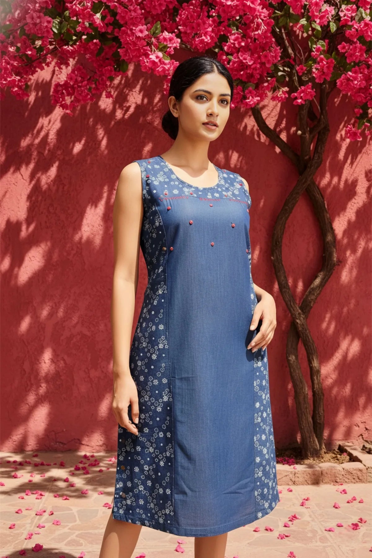 Denim Blue Short Kurti With Star Print And Embellishment