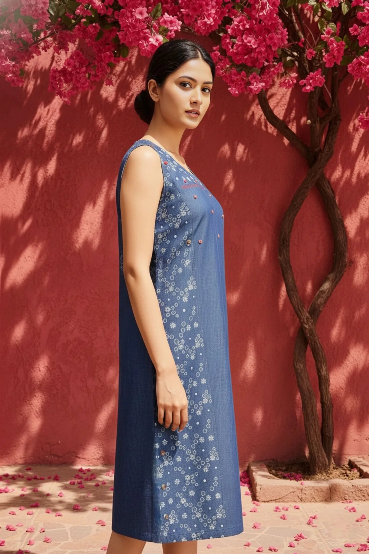Denim Blue Short Kurti With Star Print And Embellishment