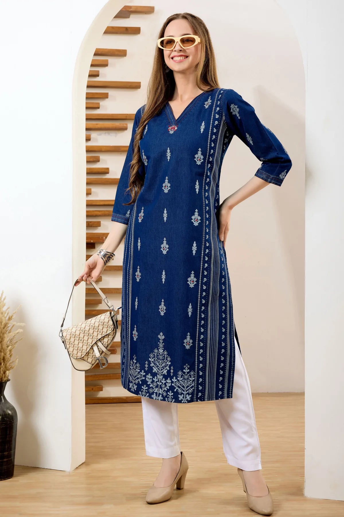 Denim Blue V Neck Long Kurta with Ethnic Print