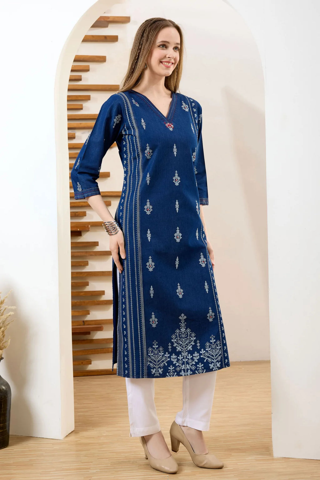 Denim Blue V Neck Long Kurta with Ethnic Print