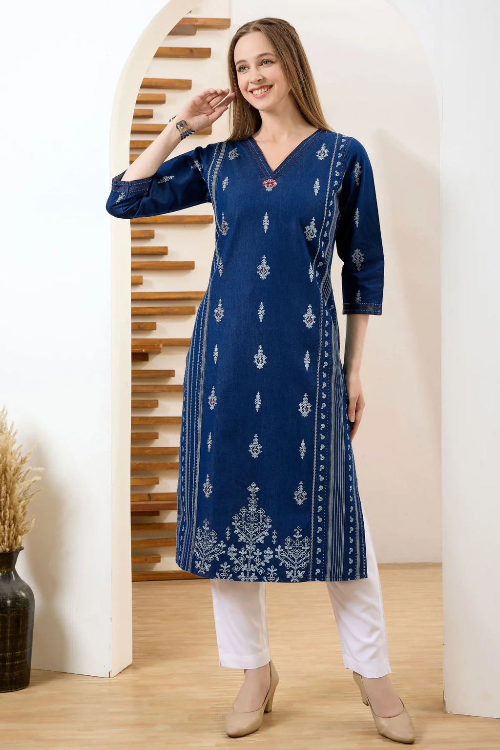 Denim Blue V Neck Long Kurta with Ethnic Print