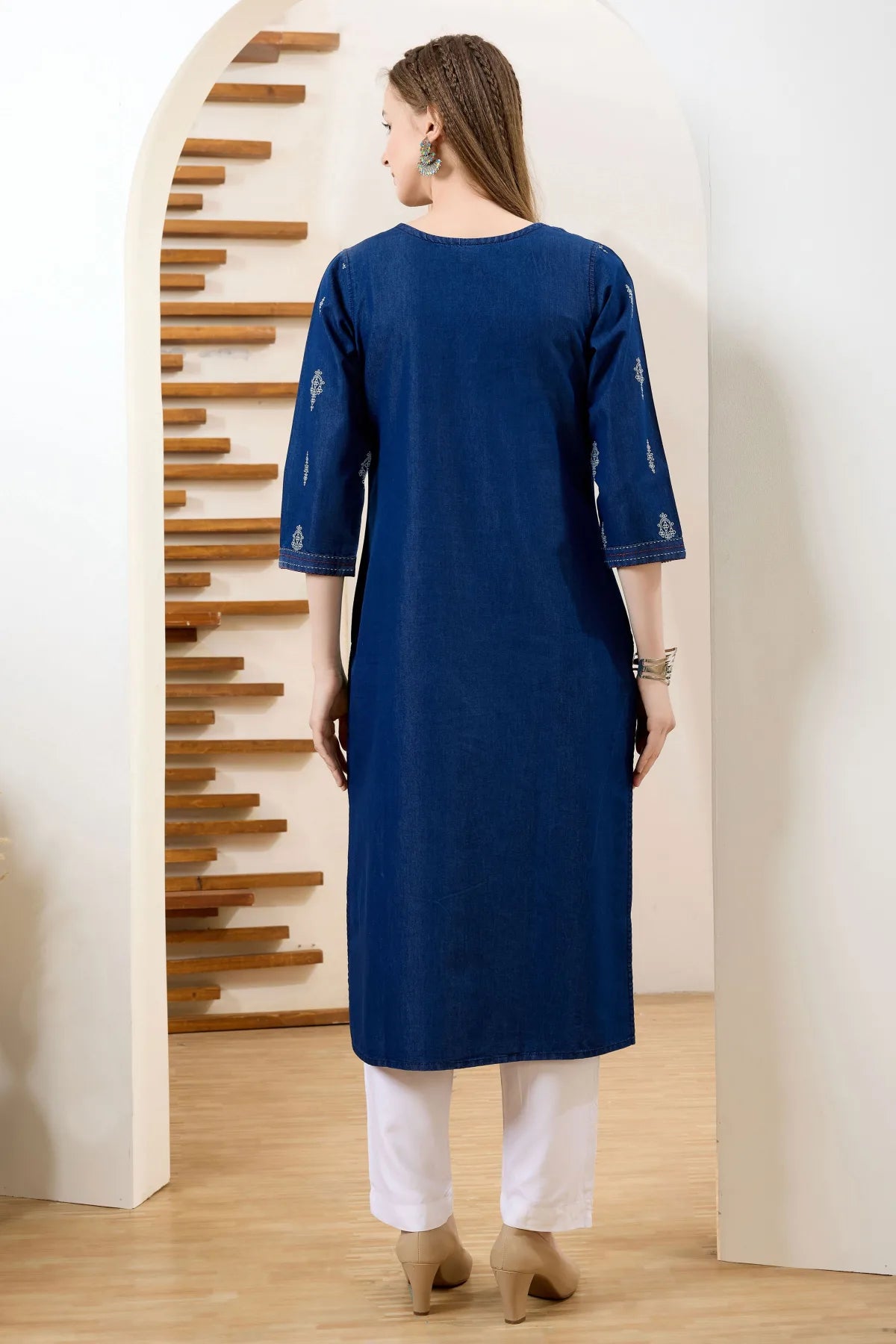 Denim Blue V Neck Long Kurta with Ethnic Print