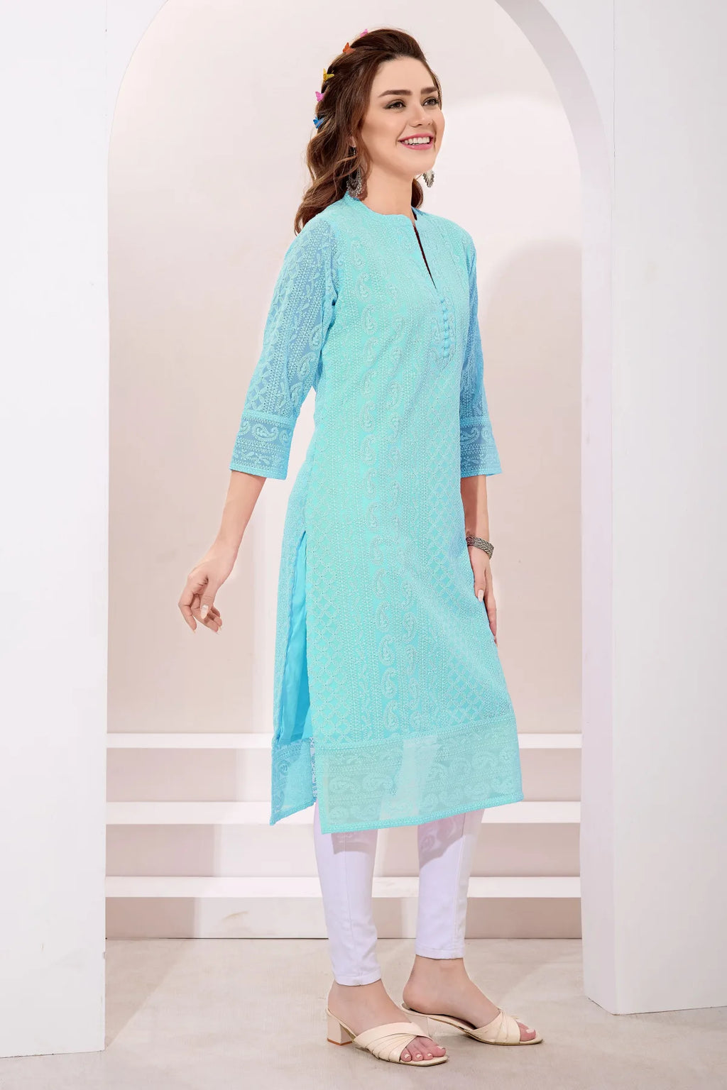 Light Phirozi Fine Georgette Chicken Embroidery Kurta