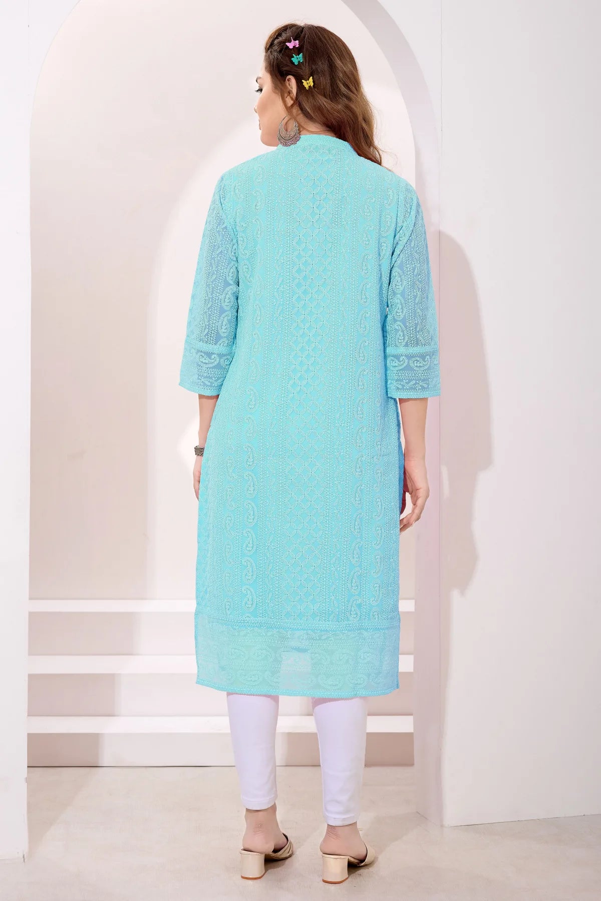 Light Phirozi Fine Georgette Chicken Embroidery Kurta