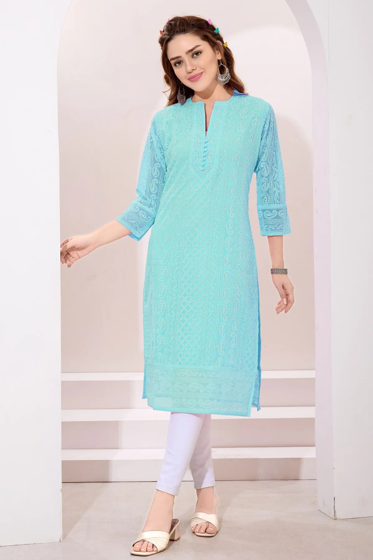 Light Phirozi Fine Georgette Chicken Embroidery Kurta