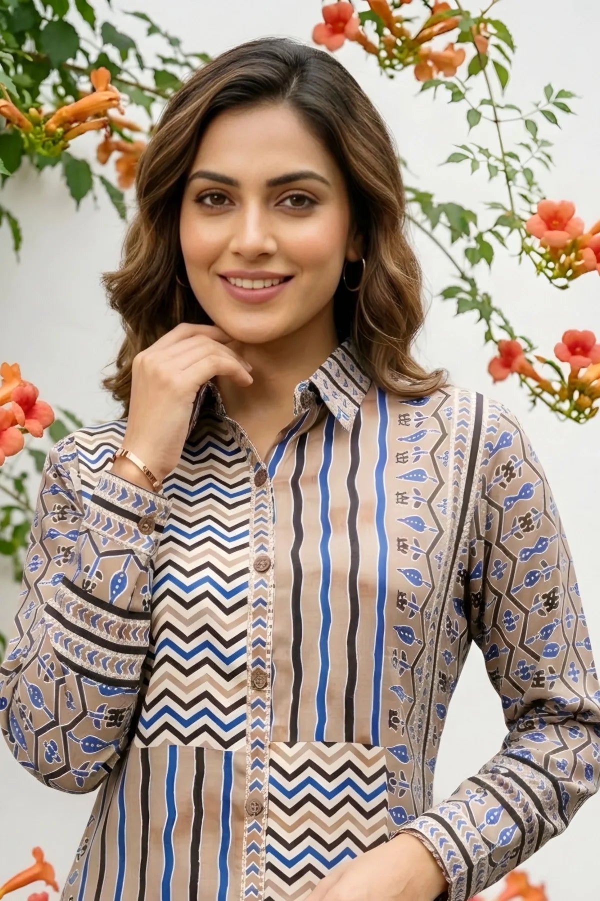 Light Brown Modal Azrakh Print Shirt Style Kurti