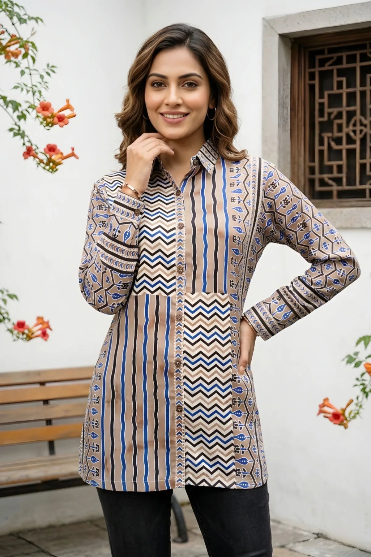 Light Brown Modal Azrakh Print Shirt Style Kurti