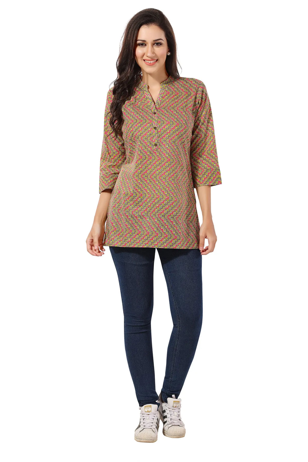 Casual Craze Brown Cotton Printed Short Tunic Top