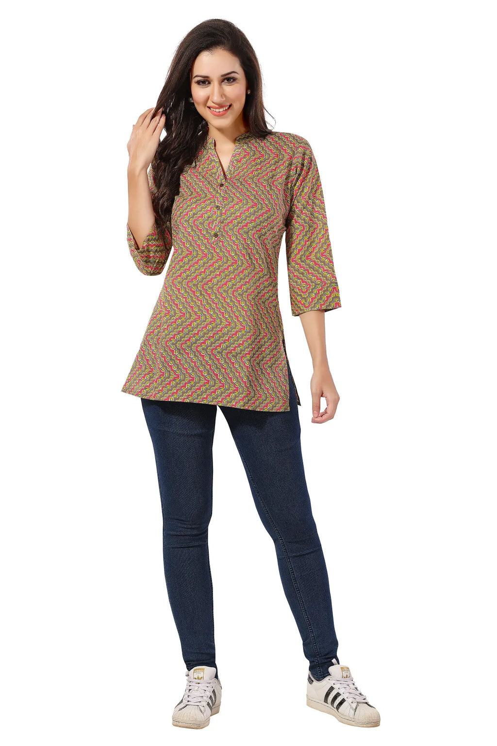 Casual Craze Brown Cotton Printed Short Tunic Top
