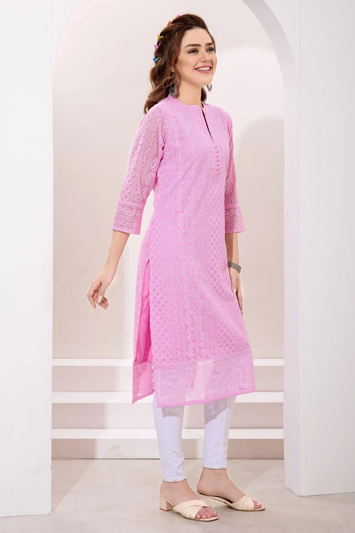 Chic Pink Fine Georgette Chikankari Embroidery Kurta