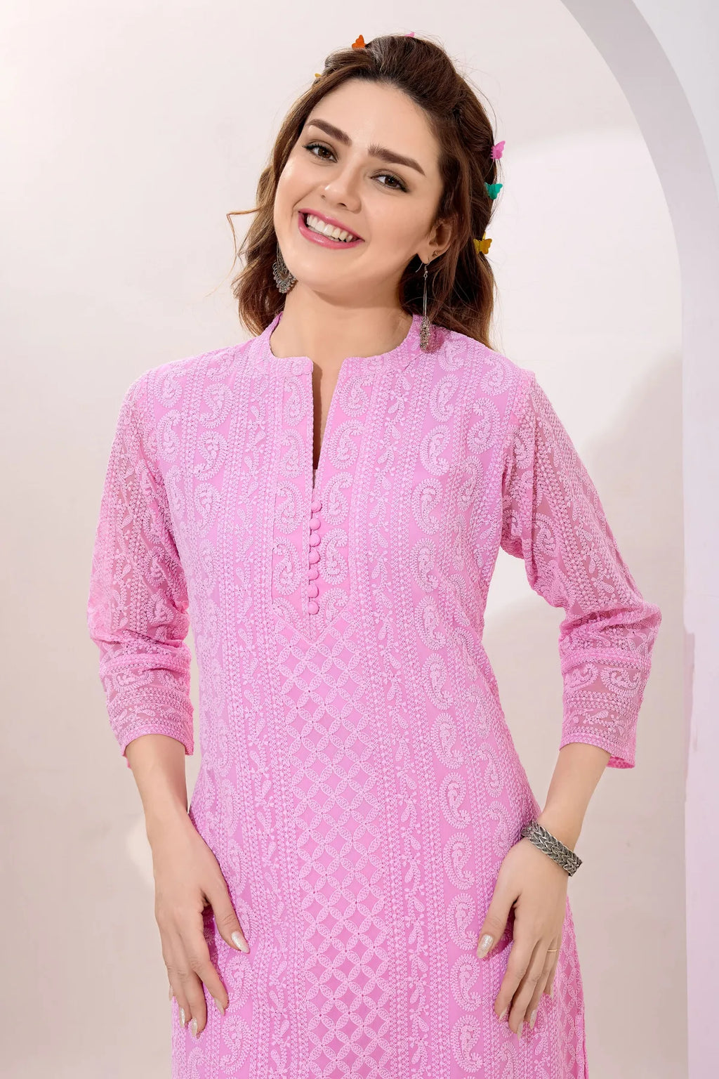 Chic Pink Fine Georgette Chikankari Embroidery Kurta