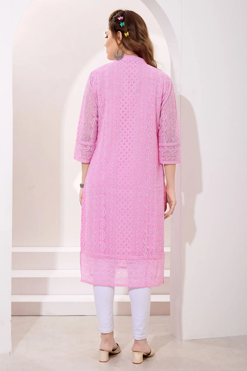 Chic Pink Fine Georgette Chikankari Embroidery Kurta
