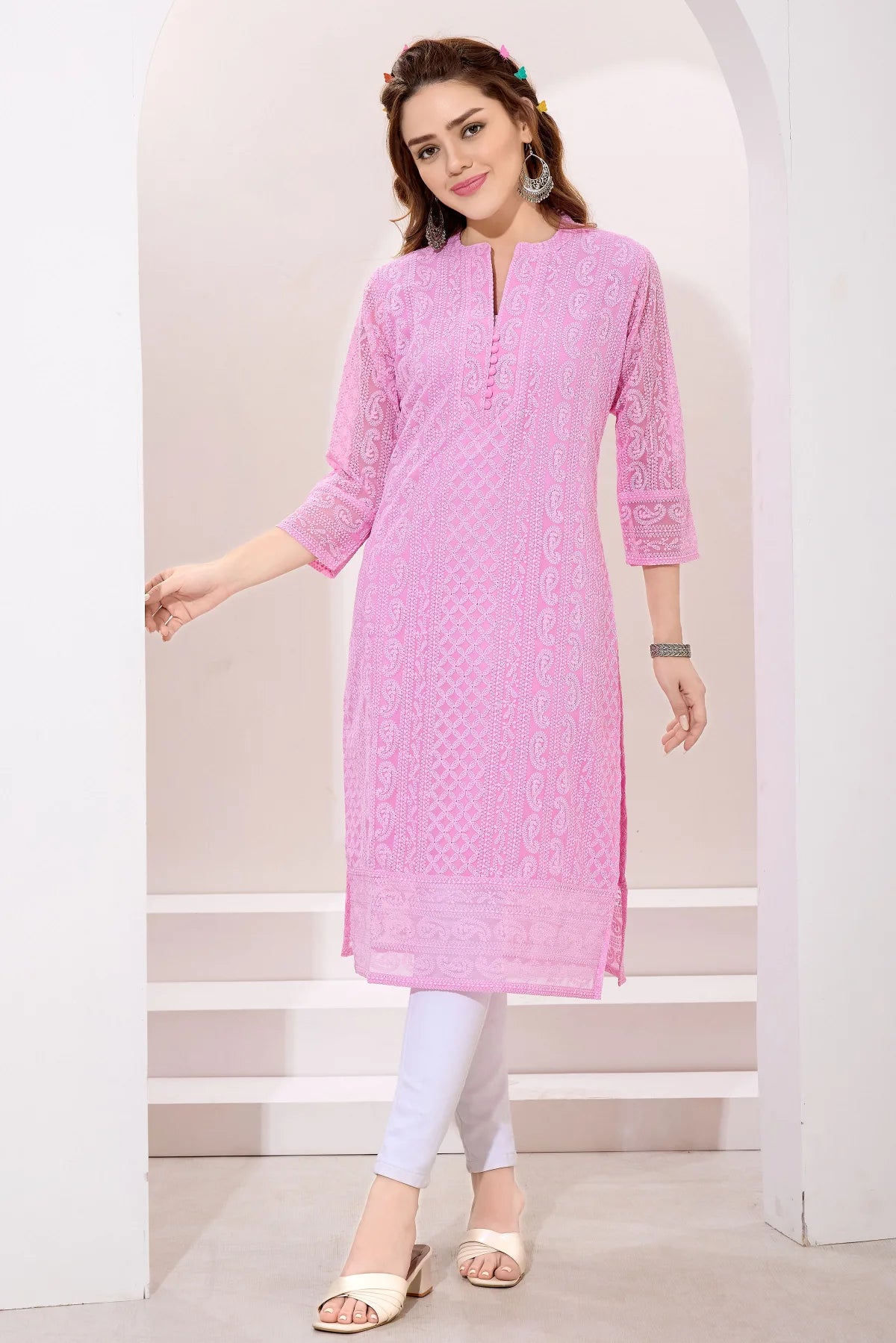 Chic Pink Fine Georgette Chikankari Embroidery Kurta