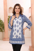 Indigo Blue Cotton Short Kurti with Shirt Collar and Thread Work