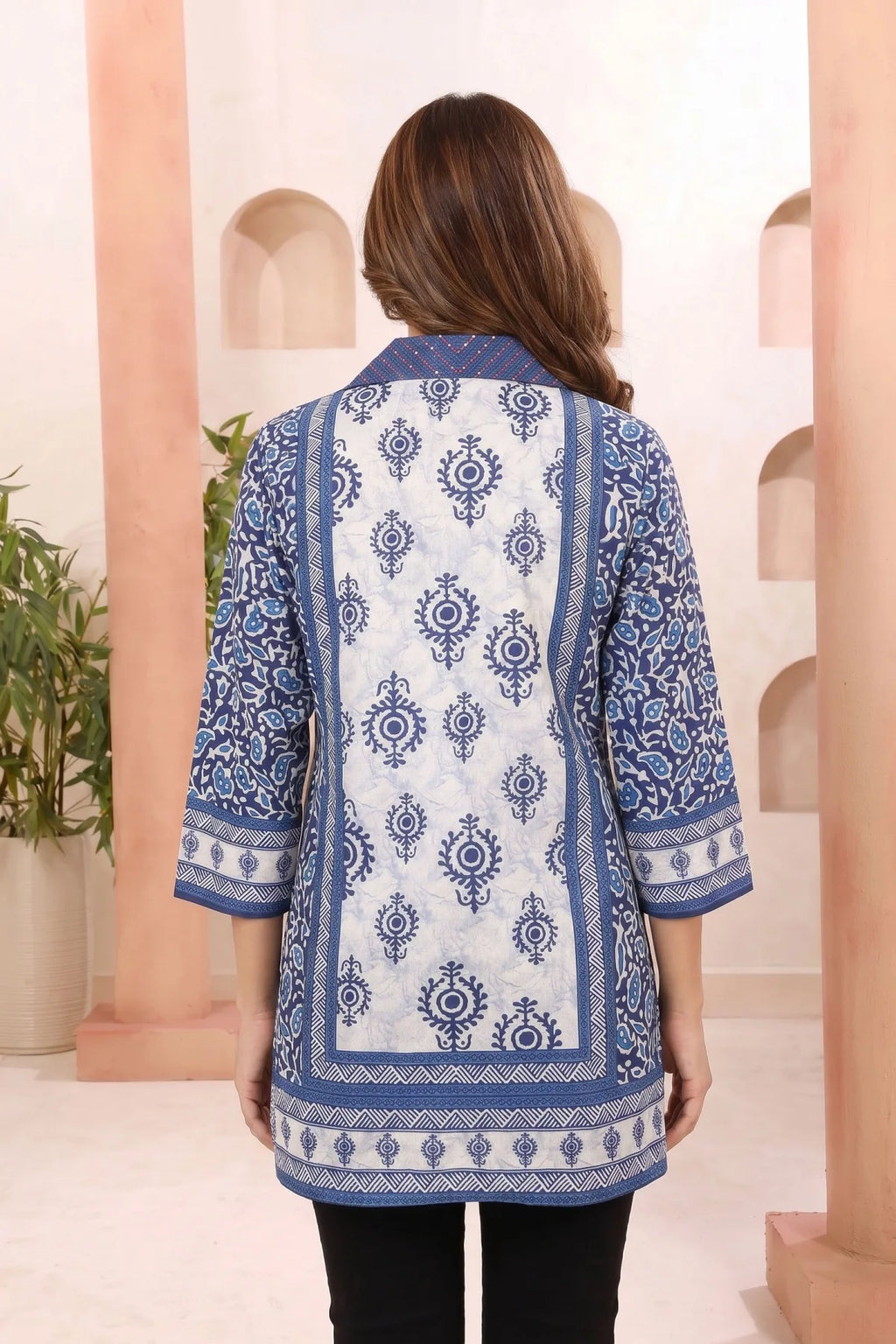Indigo Blue Cotton Short Kurti with Shirt Collar and Thread Work