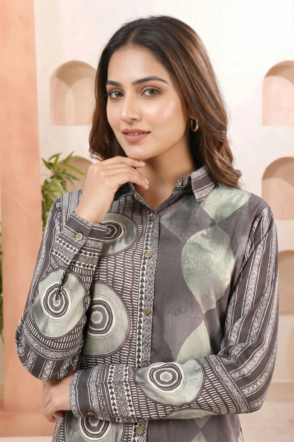 Olive Green Modal Silk Shirt Style Tunic with Abstract Print