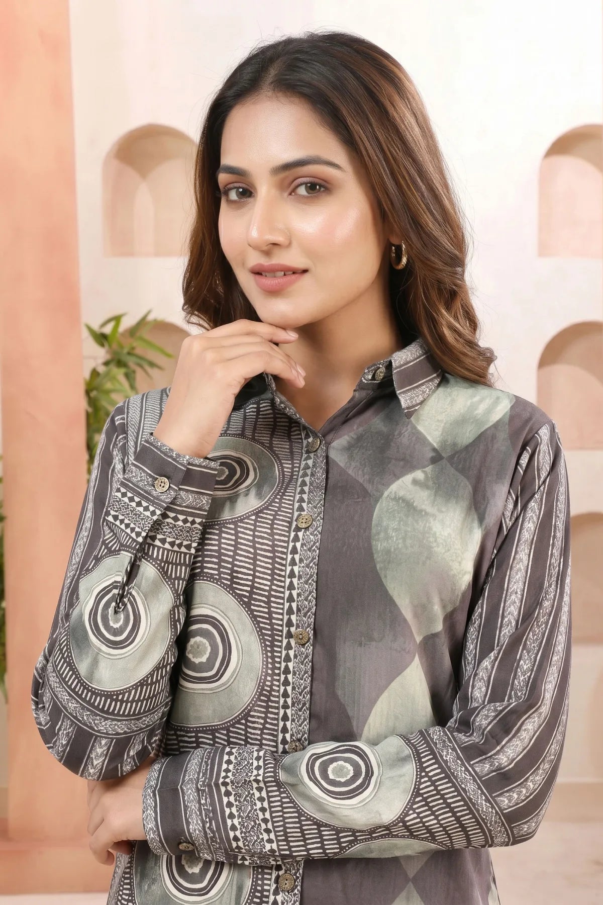 Olive Green Modal Silk Shirt Style Tunic with Abstract Print