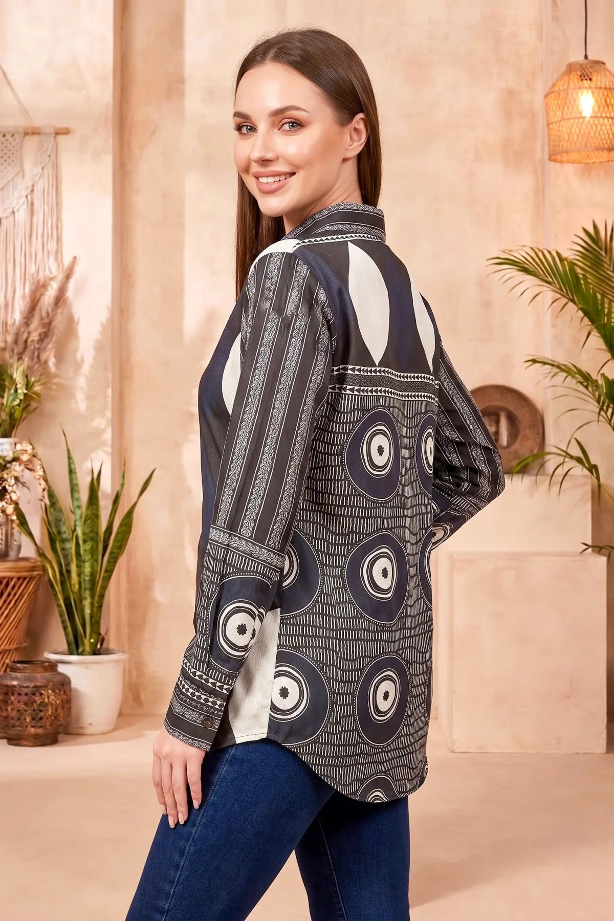 Navy Blue Modal Silk Shirt Style Tunic with Abstract Print