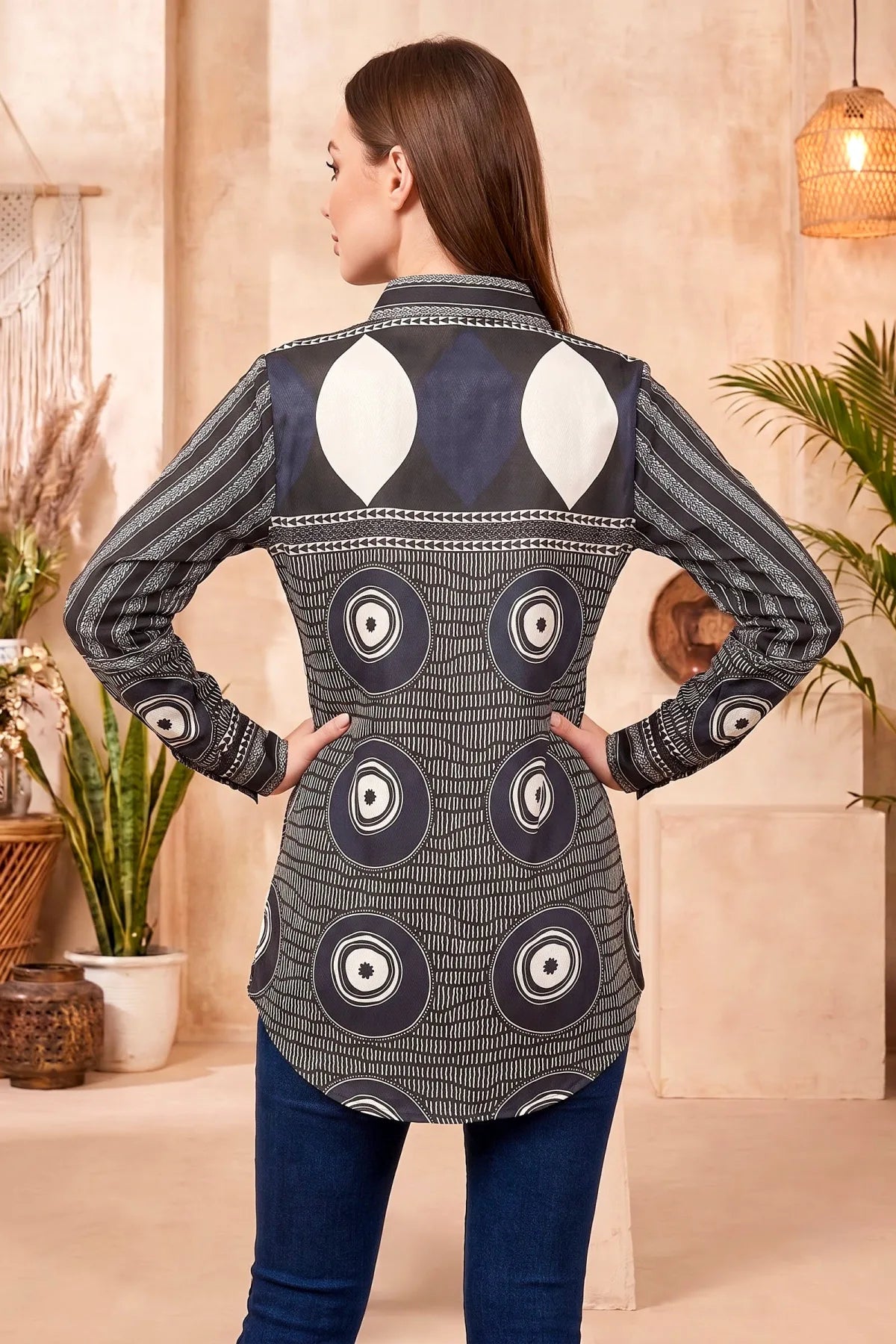 Navy Blue Modal Silk Shirt Style Tunic with Abstract Print