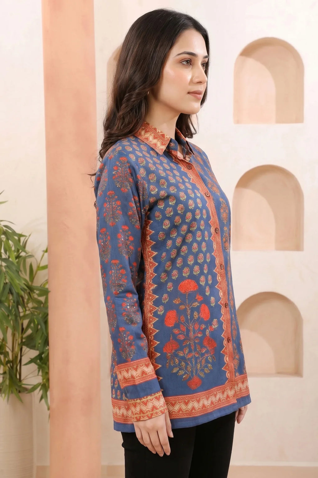Ink Blue Modal Silk Printed Shirt Style Tunic