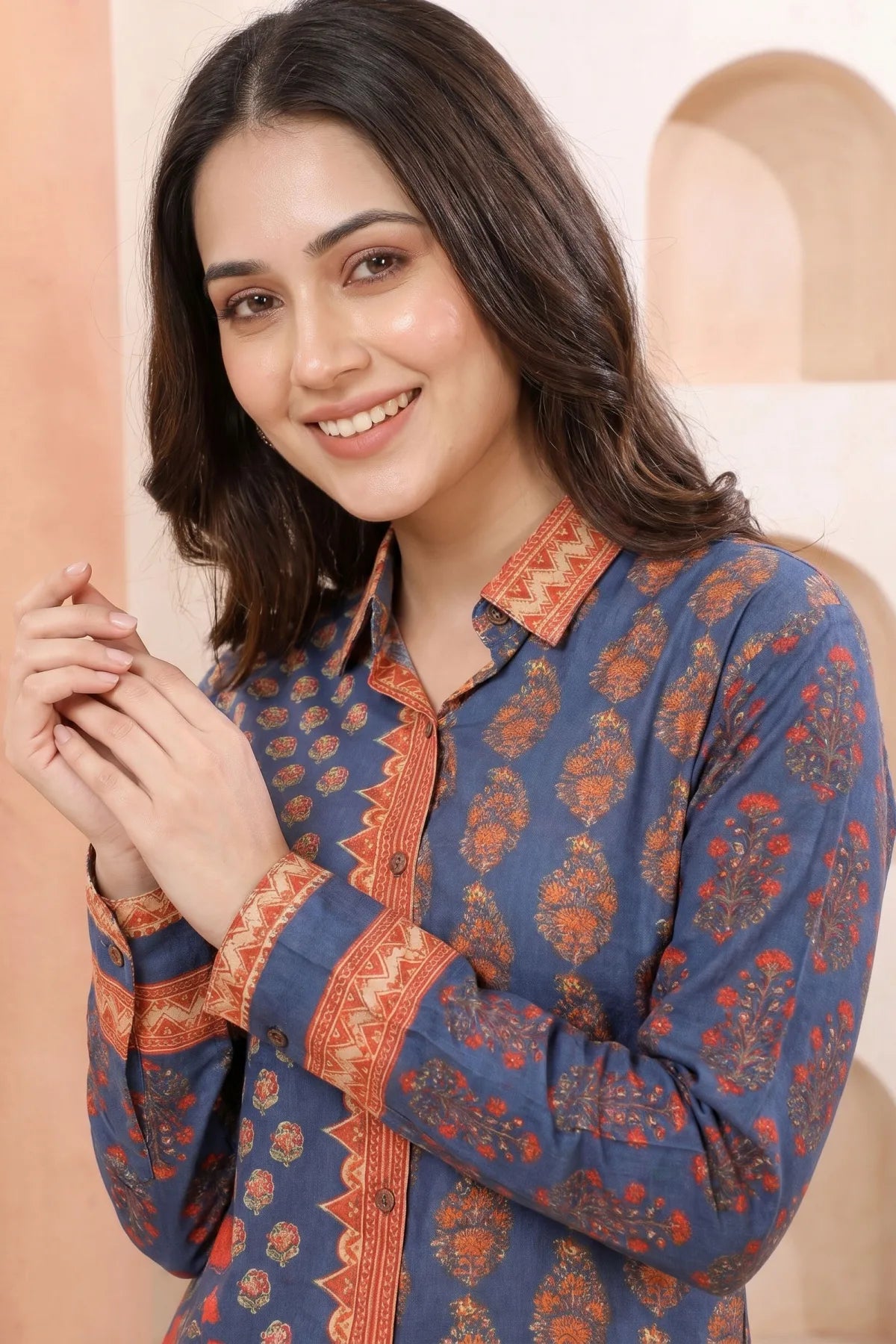 Ink Blue Modal Silk Printed Shirt Style Tunic