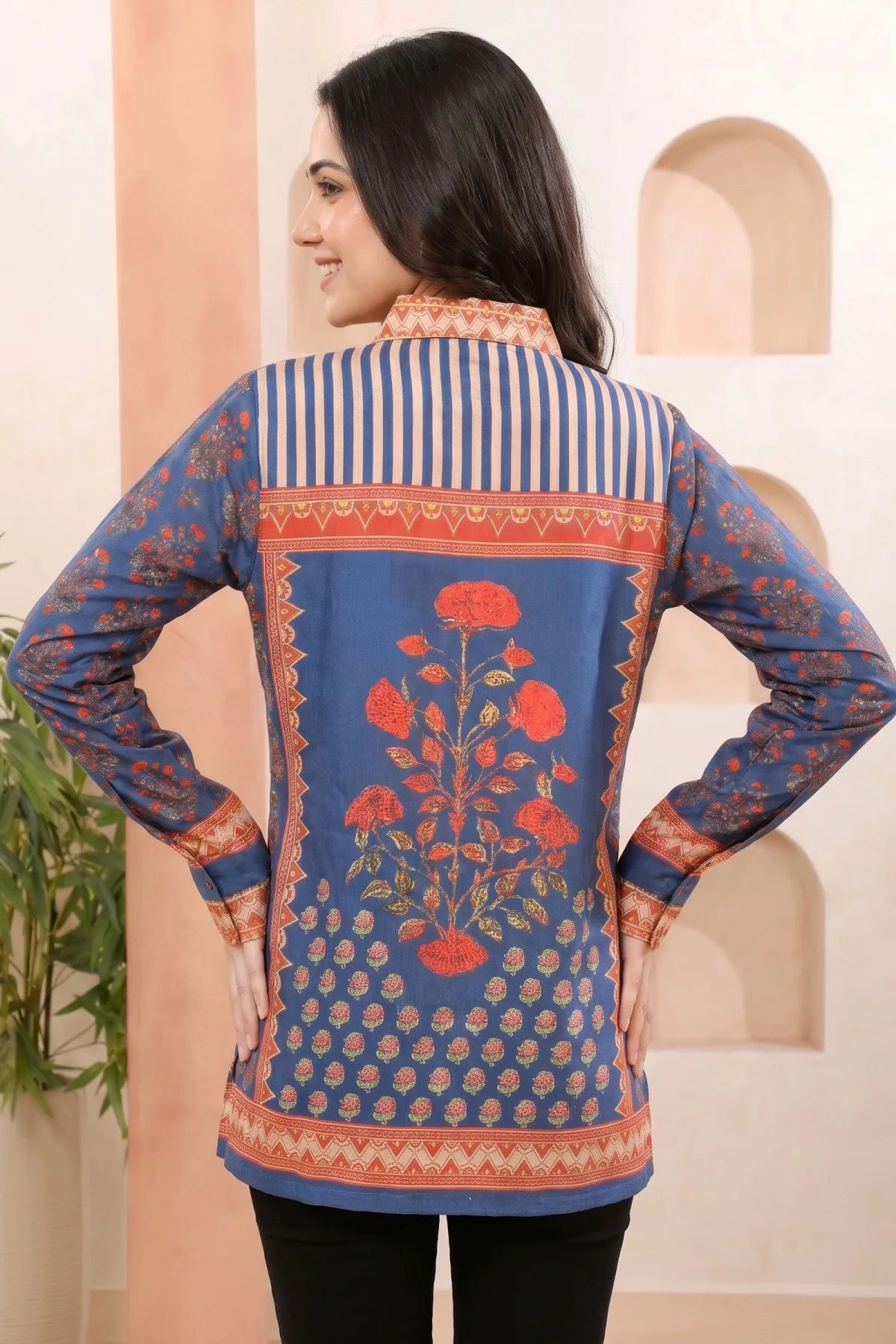 Ink Blue Modal Silk Printed Shirt Style Tunic