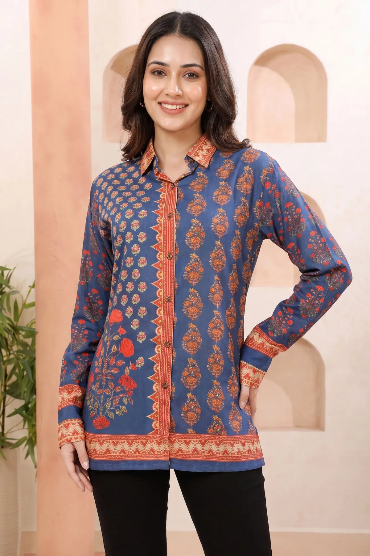 Ink Blue Modal Silk Printed Shirt Style Tunic