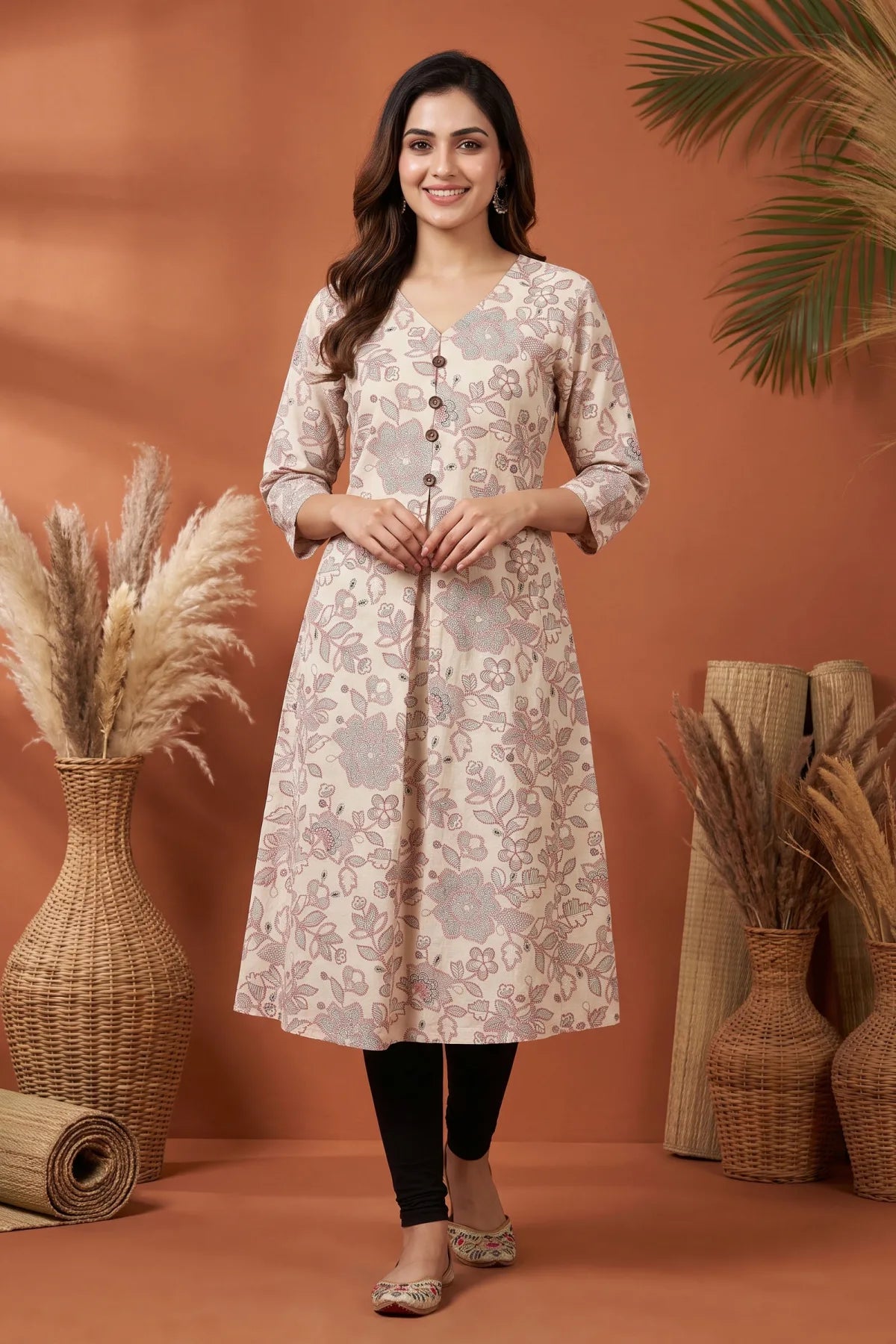 Cream Cotton Long Kurti with V Neck and Floral Print