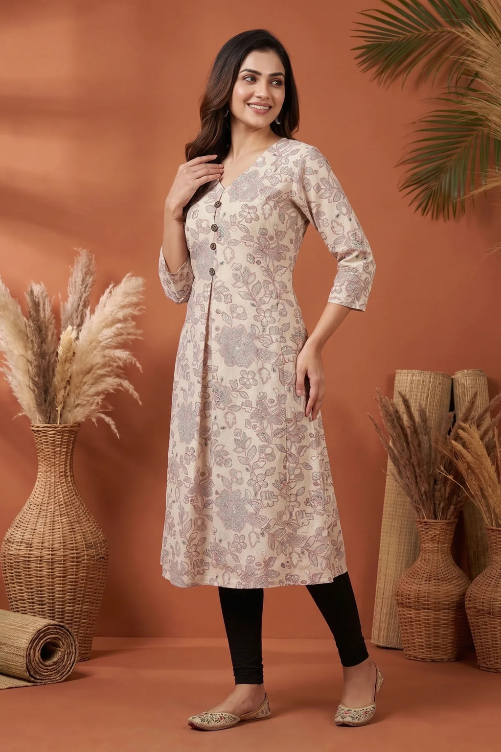 Cream Cotton Long Kurti with V Neck and Floral Print