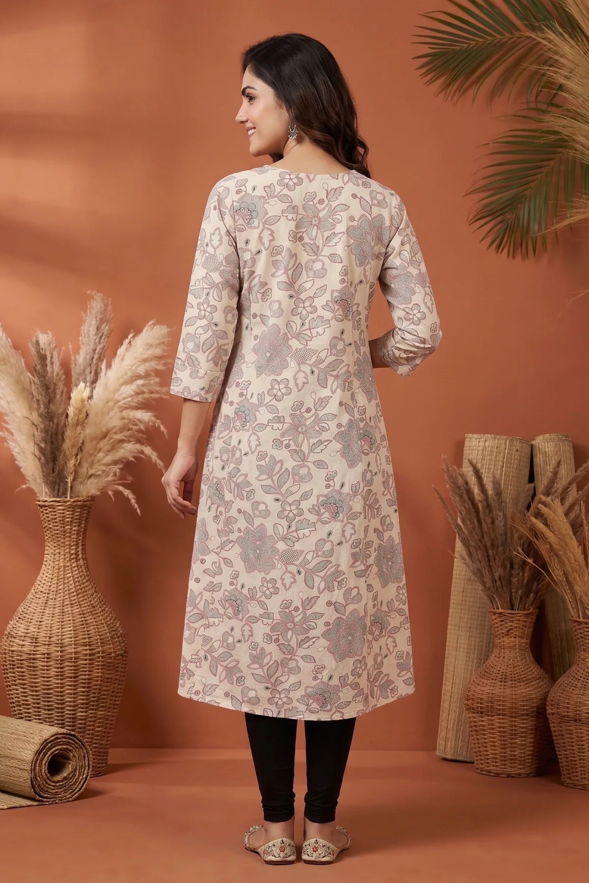 Cream Cotton Long Kurti with V Neck and Floral Print